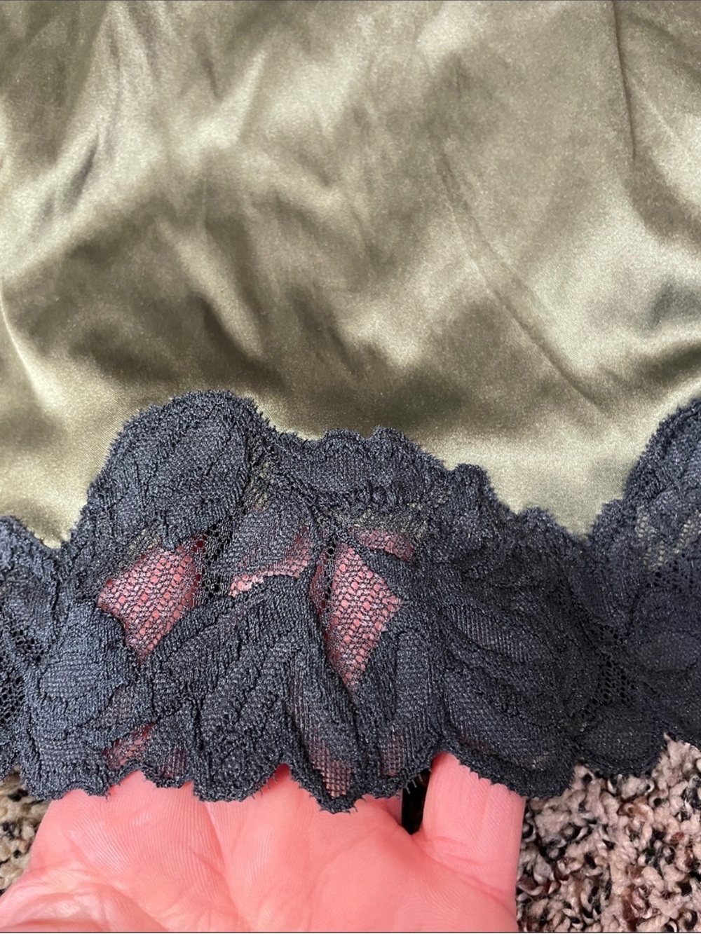 Auden Intimates Olive Green Satin Half Slip Black Lace Trim Mini Skirt XS NWT - Picture 3 of 7